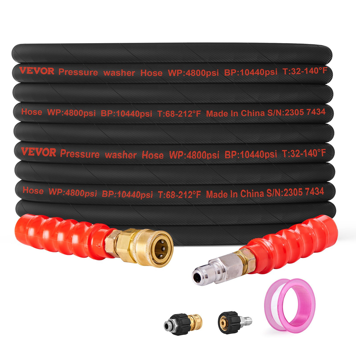 VEVOR Pressure Washer Hose, 100FT, Kink Free 3/8"-?14.8 Male, 3/8"-?15 Female For Most Brand Pressure Washers, 4.9'' Bending Radius, 4800 PSI Heavy