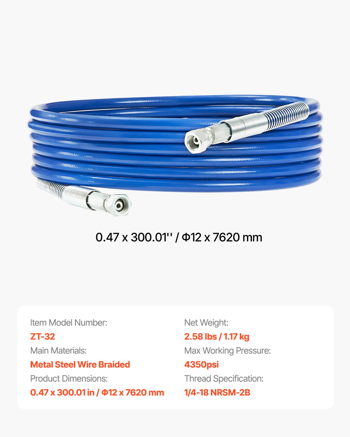 VEVOR 25ft Airless Paint Sprayer Hose 1/4 in Universal Airless Paint Spray Hose