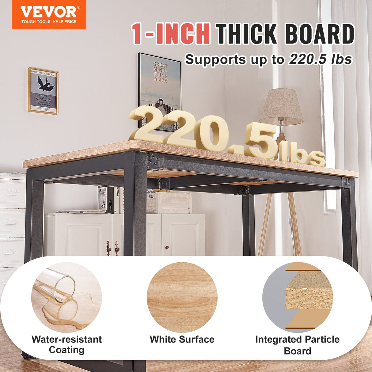 VEVOR Table Top 55" x 27.6" x 1" 220.5 lbs Load Capacity Universal One-Piece Particle Board Desktop for Height Adjustable Electric Standing Desk Frame Rectangular Countertop for Home & Office Desk
