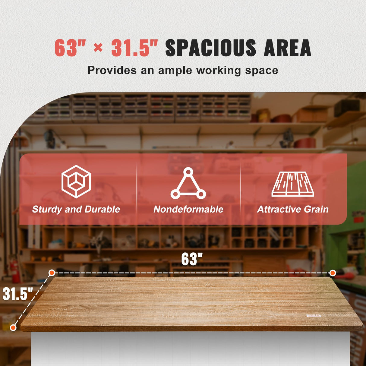 VEVOR Table Top 63" x 31.5" x 1" 220.5 lbs Load Capacity Universal One-Piece Particle Board Desktop for Height Adjustable Electric Standing Desk Frame Rectangular Countertop for Home & Office Desk