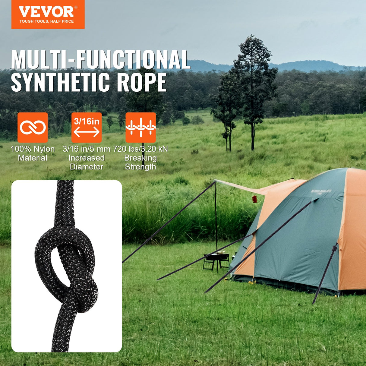 VEVOR Braided Nylon Rope, 5 mm x 304.8 m, 32 Strands, 3.20kN Breaking Strength Outdoor Climbing Rope, Arborist Tree Climbing Rigging Rope Ideal for