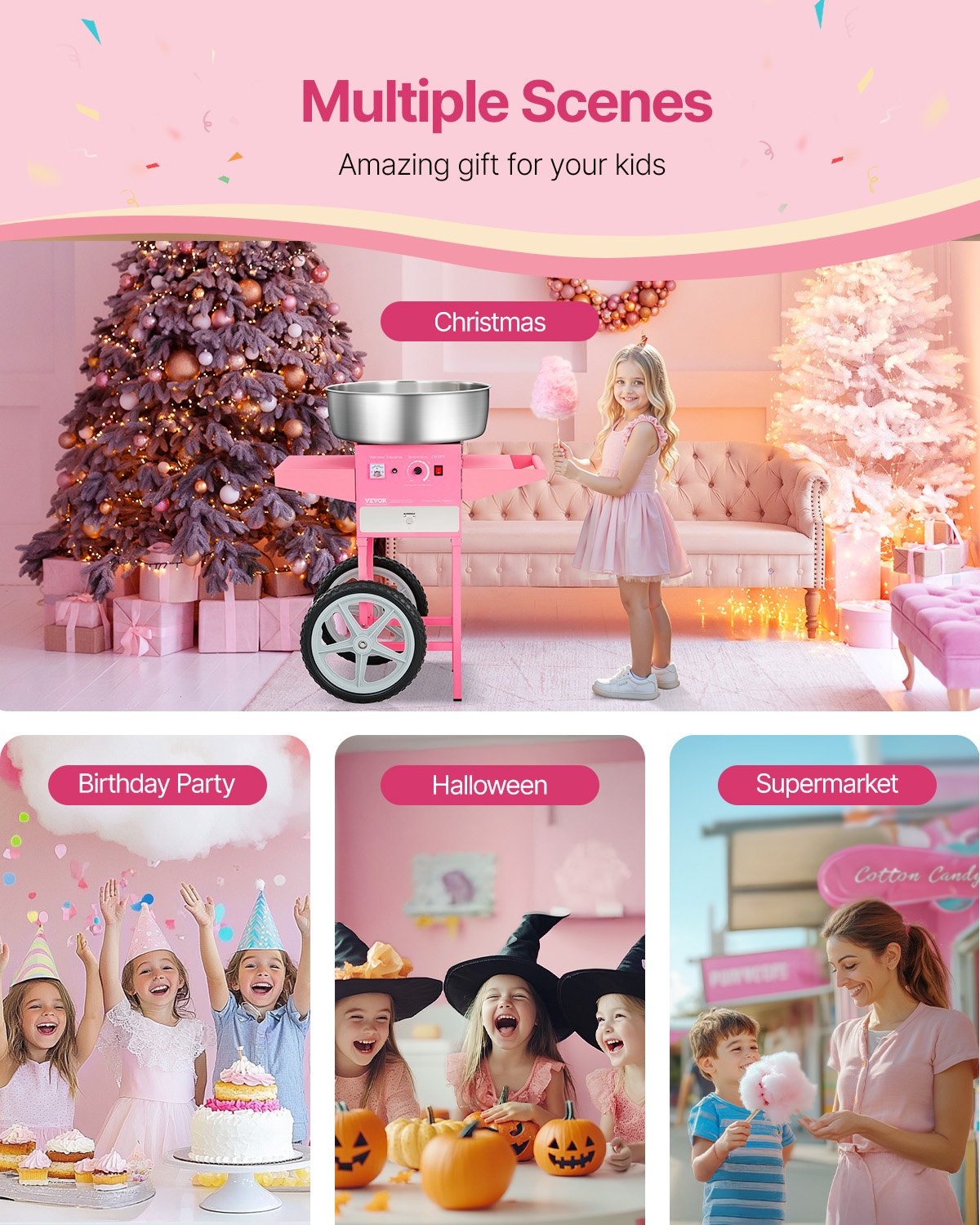 VEVOR Electric Cotton Candy Machine with Cart, 1000W Commercial Candy Floss Maker with 52cm in Stainless Steel Bowl, Sugar Scoop, and Drawer, Easy to Use, for Home, Kids Birthday, Family Party, Pink