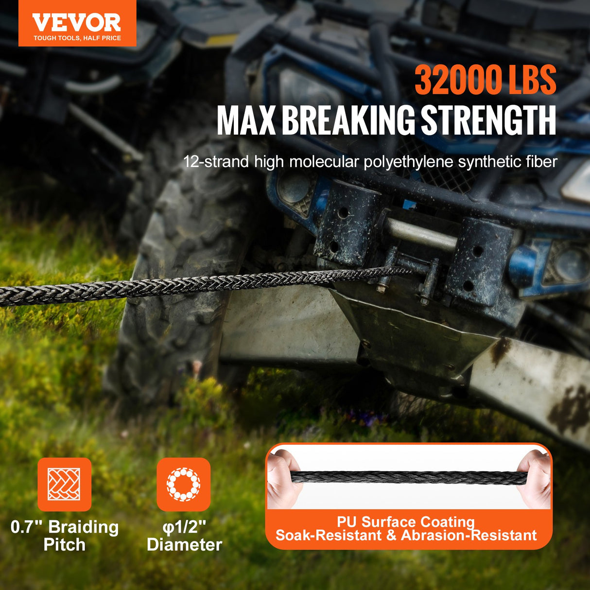 VEVOR Synthetic Winch Rope, 12.7 mm x 28 m, 142.3 kN, Synthetic Winch Line Cable Rope with Protective Sleeve + Forged Winch Hook + Pull Strap, Universal Fit for SUV, Large Off-Road Vehicle, Truck
