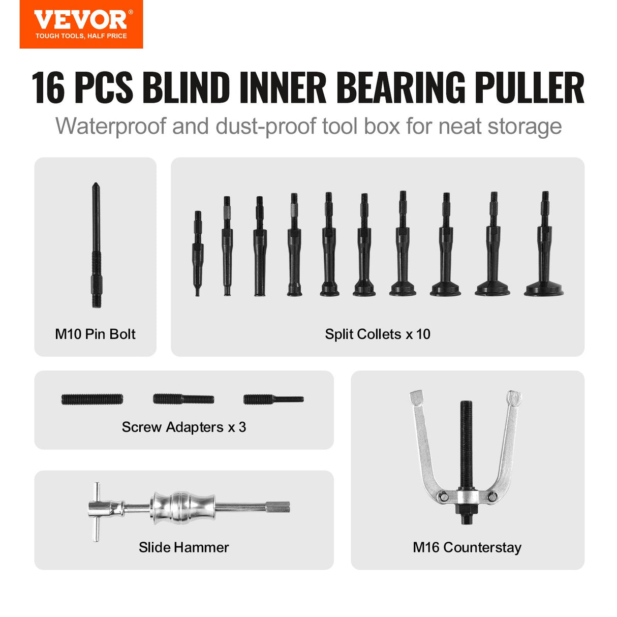 VEVOR Blind Hole Collet Bearing Race and Seal Puller Extractor Kit, Slide Hammer Pilot Insert Inner Internal Bearing Removal Tool Set, 10 Adjustable Collects and Counterstay, 16 PCS