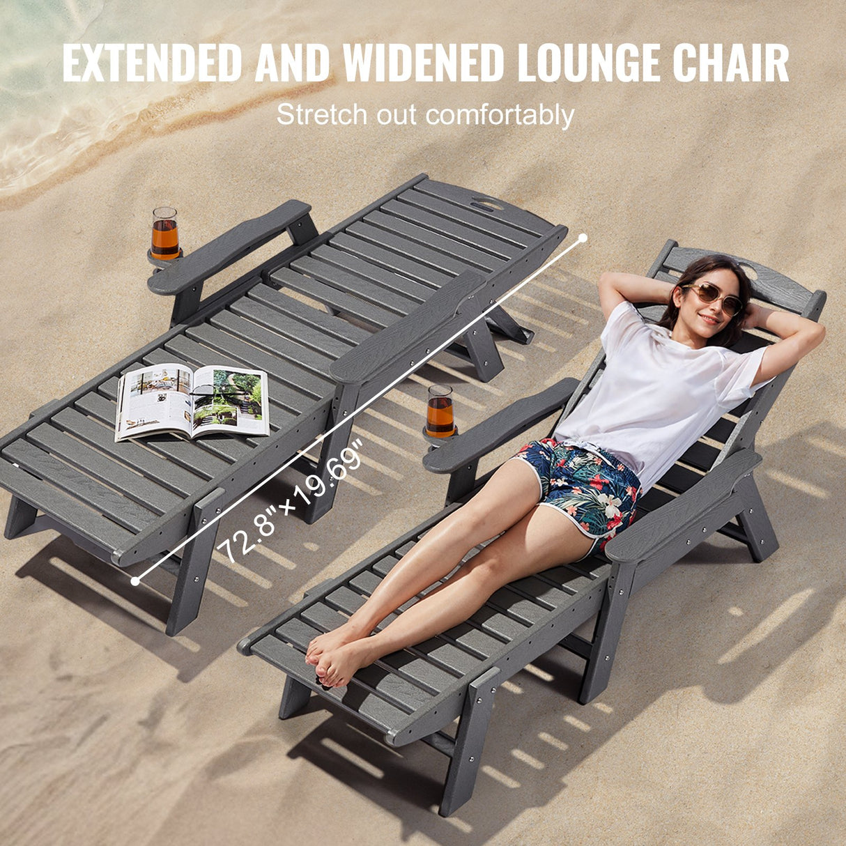 VEVOR Outdoor Chaise Lounge Chair 6 Positions Reclining Patio Bench Lounger Gray