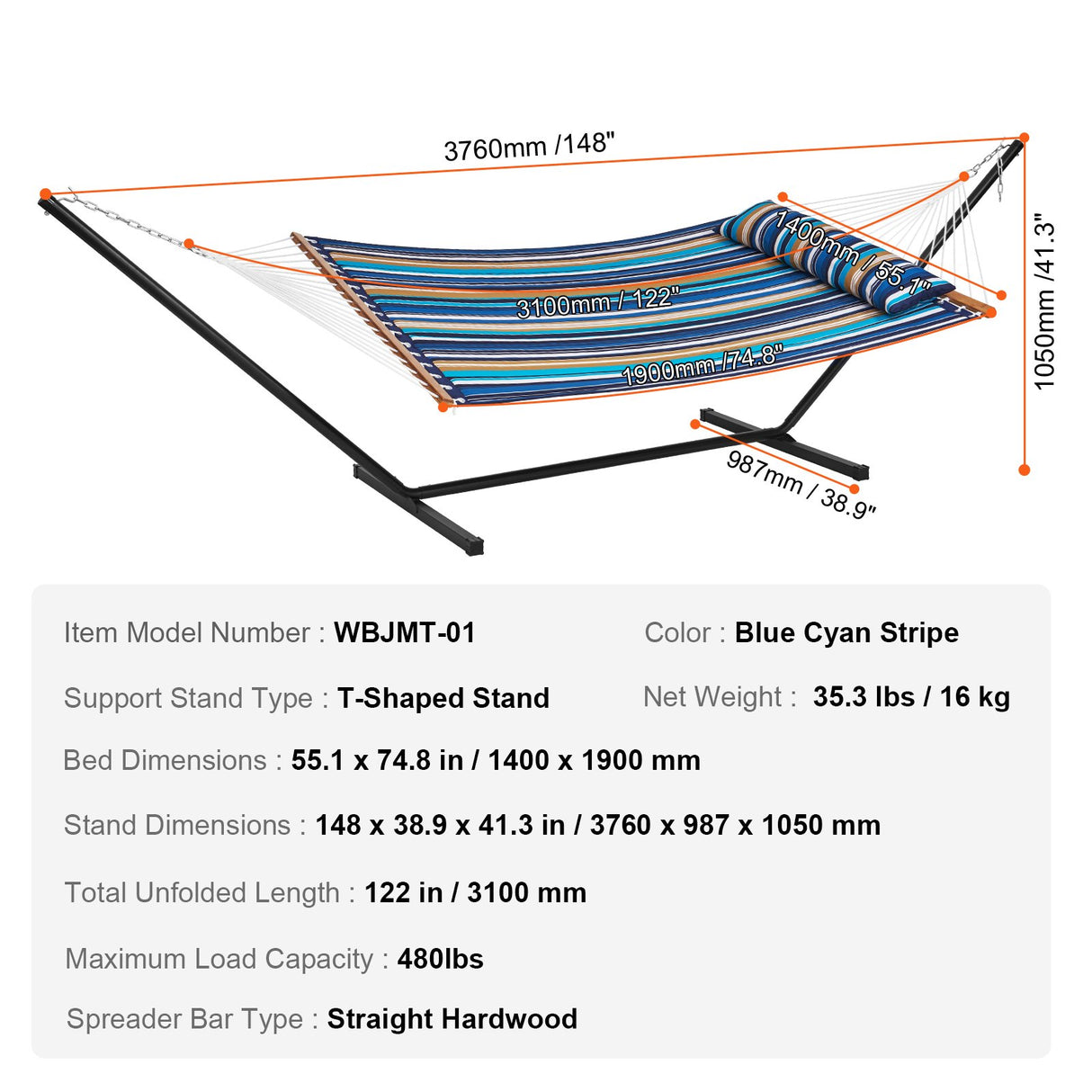 VEVOR Double Quilted Fabric Hammock Two Person Hammock with Stand 480lb Capacity