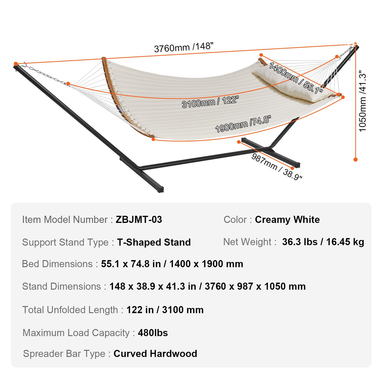 VEVOR Two Person Hammock with Stand Included, Double Hammock with Curved Spreader Bar and Detachable Pillow and Portable Carrying Bag, Perfect for Outdoor Freestanding Hammock, 480lb Capacity