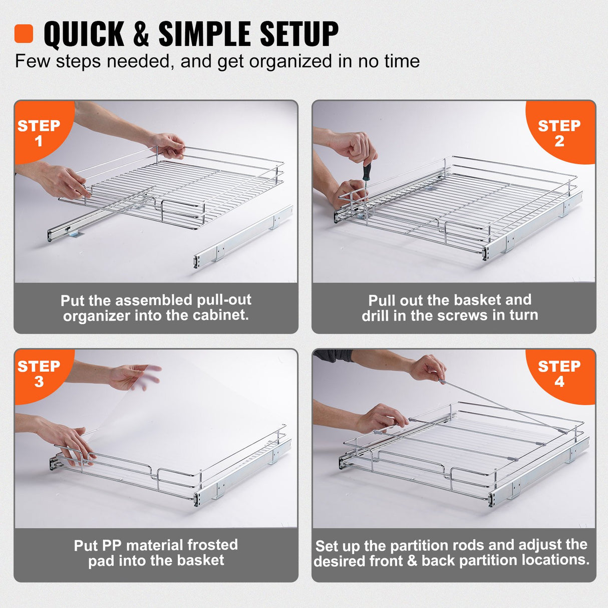 VEVOR 34x53 cm Pull Out Cabinet Organizer, Heavy Duty Slide Out Pantry Shelves, Chrome-Plated Steel Roll Out Drawers, Sliding Drawer Storage for Home, Inside Kitchen Cabinet, Bathroom, Under Sink