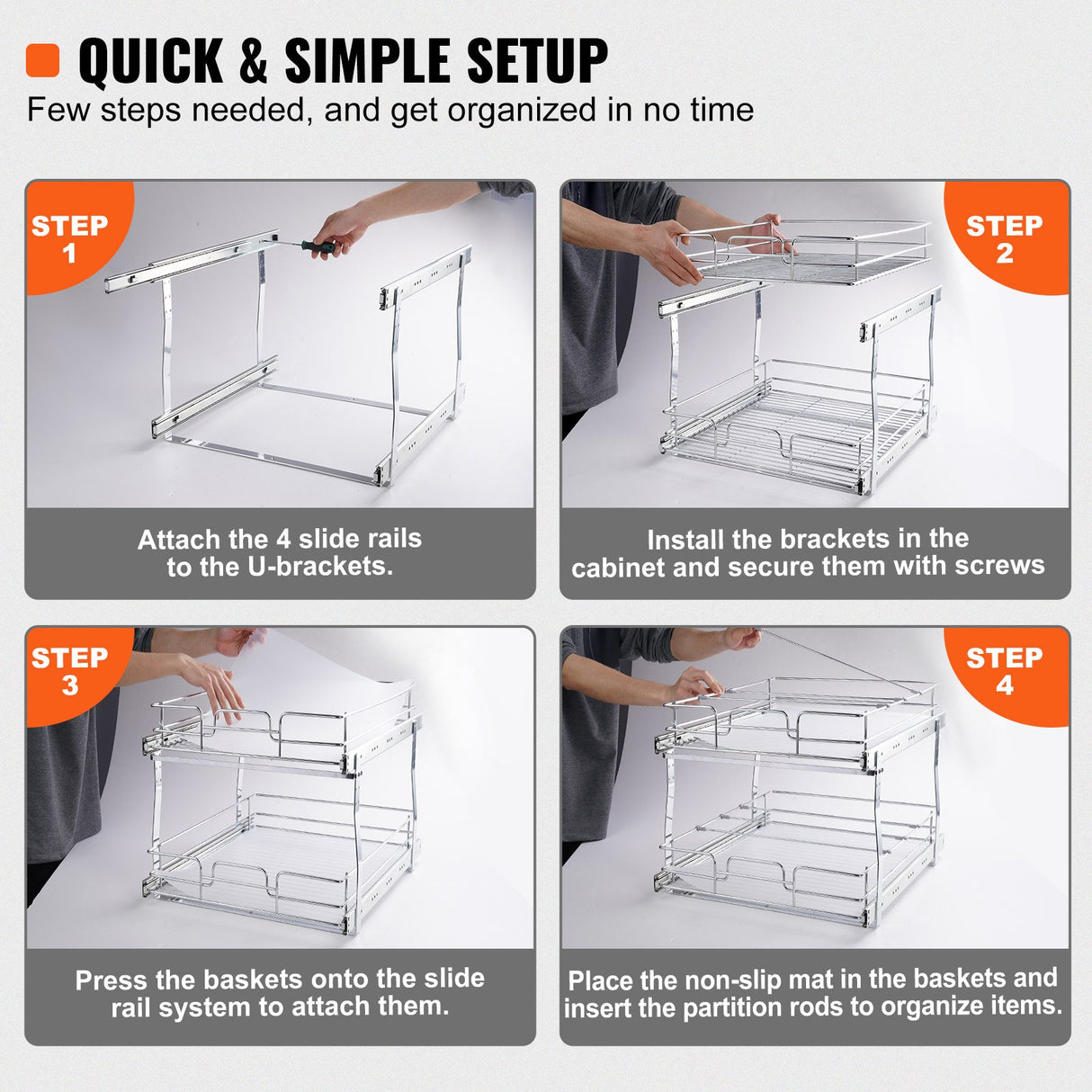 VEVOR 2-Tier Wire Pull Out Cabinet Under Sink Organizer 14x21 Inch Drawer Basket