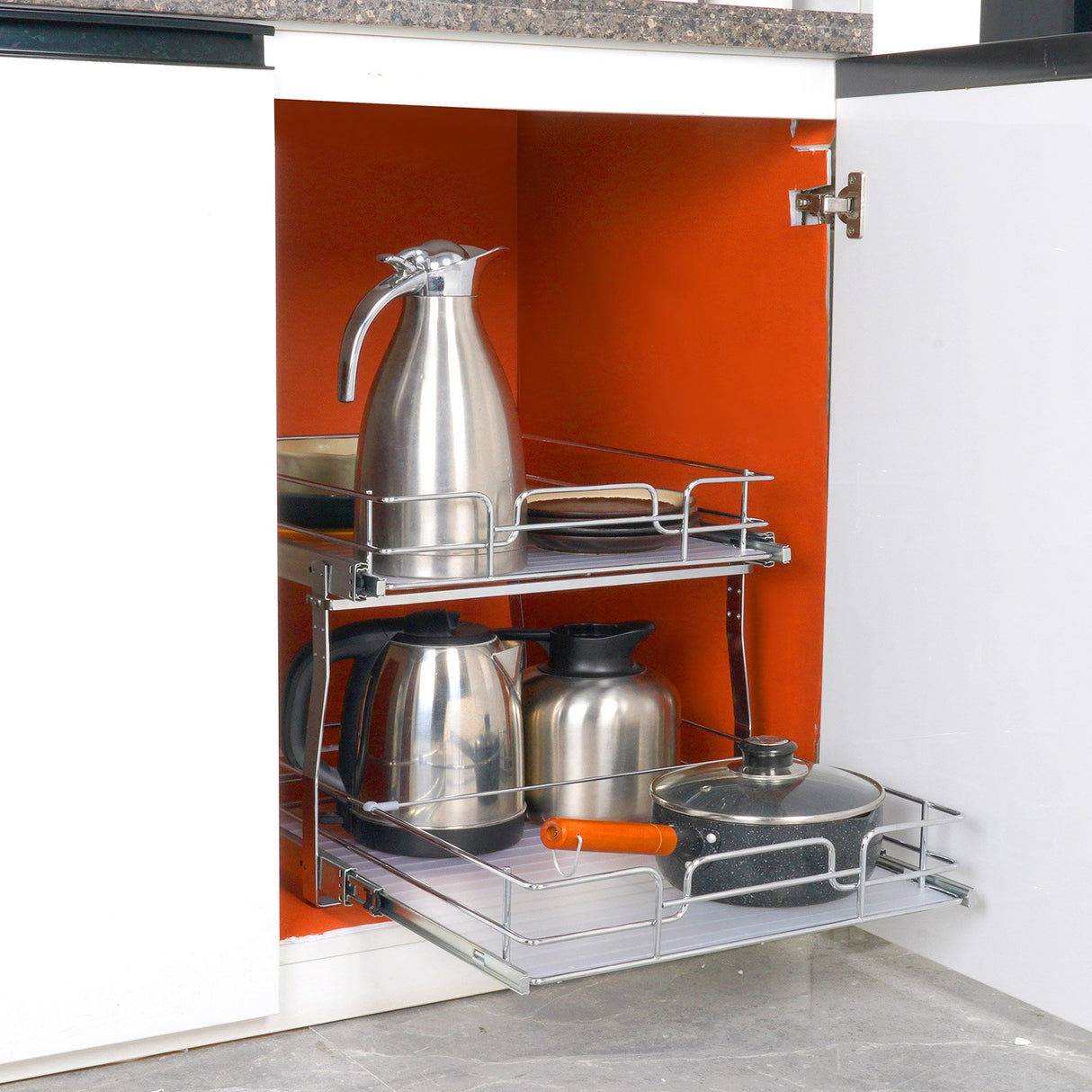 2 Tier 20"Wx21"Dx15"H Pull Out Cabinet Organizer, Heavy Duty Slide Out Pantry Shelves, Steel Roll Out Drawers, Sliding Drawer Storage for Home, 21.5"Wx22"Dx18"H Install Size for Cabinet