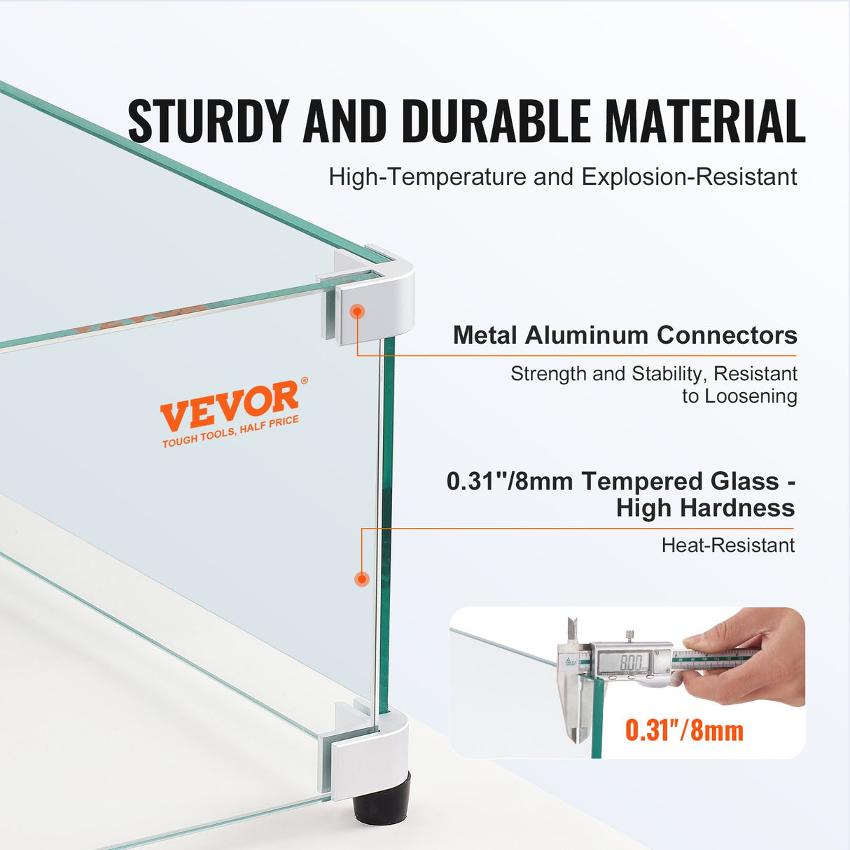 VEVOR Glass Wind Guard for Rectangular Fire Pit Table 773 x 367 x 191 mm, 8mm Thick and Sturdy Tempered Glass Panel with Hard Aluminum Corner Bracket