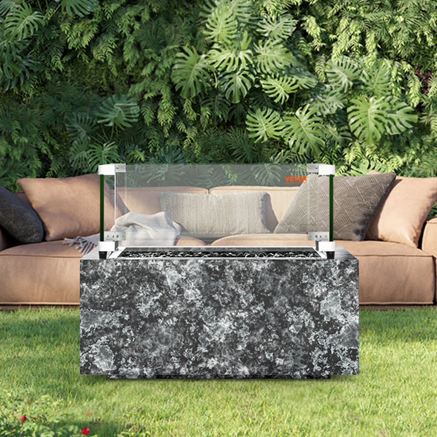 VEVOR Gas Fire Pit Wind Guard for Square Fire Table, 543 x 543 x 191 mm Clear Tempered Wind Guard for Firepits, 8mm Thick Square Glass Shield, Glass Panel with Hard Corner Bracket & Feet