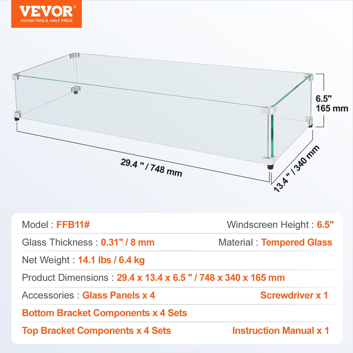 VEVOR Glass Wind Guard for Rectangular Fire Pit Table 748 x 340 x 165 mm, 8mm Thick and Sturdy Tempered Glass Panel with Hard Aluminum Corner Bracket