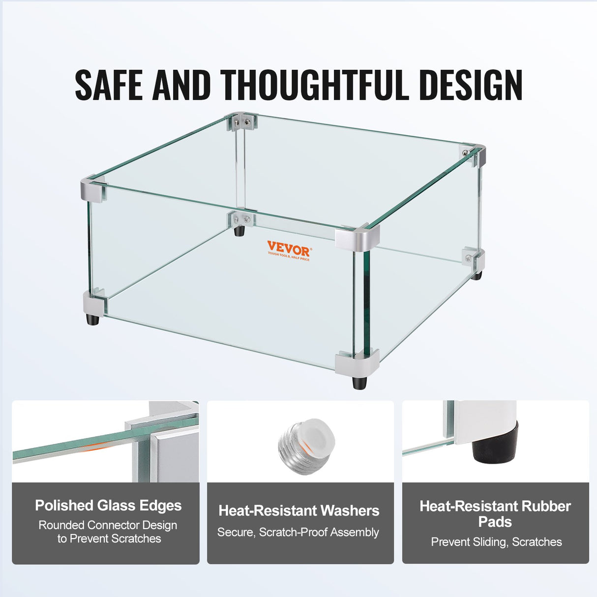 VEVOR Gas Fire Pit Wind Guard for Square Fire Table, 493 x 493 x 191 mm Clear Tempered Wind Guard for Firepits, 8mm Thick Square Glass Shield, Glass