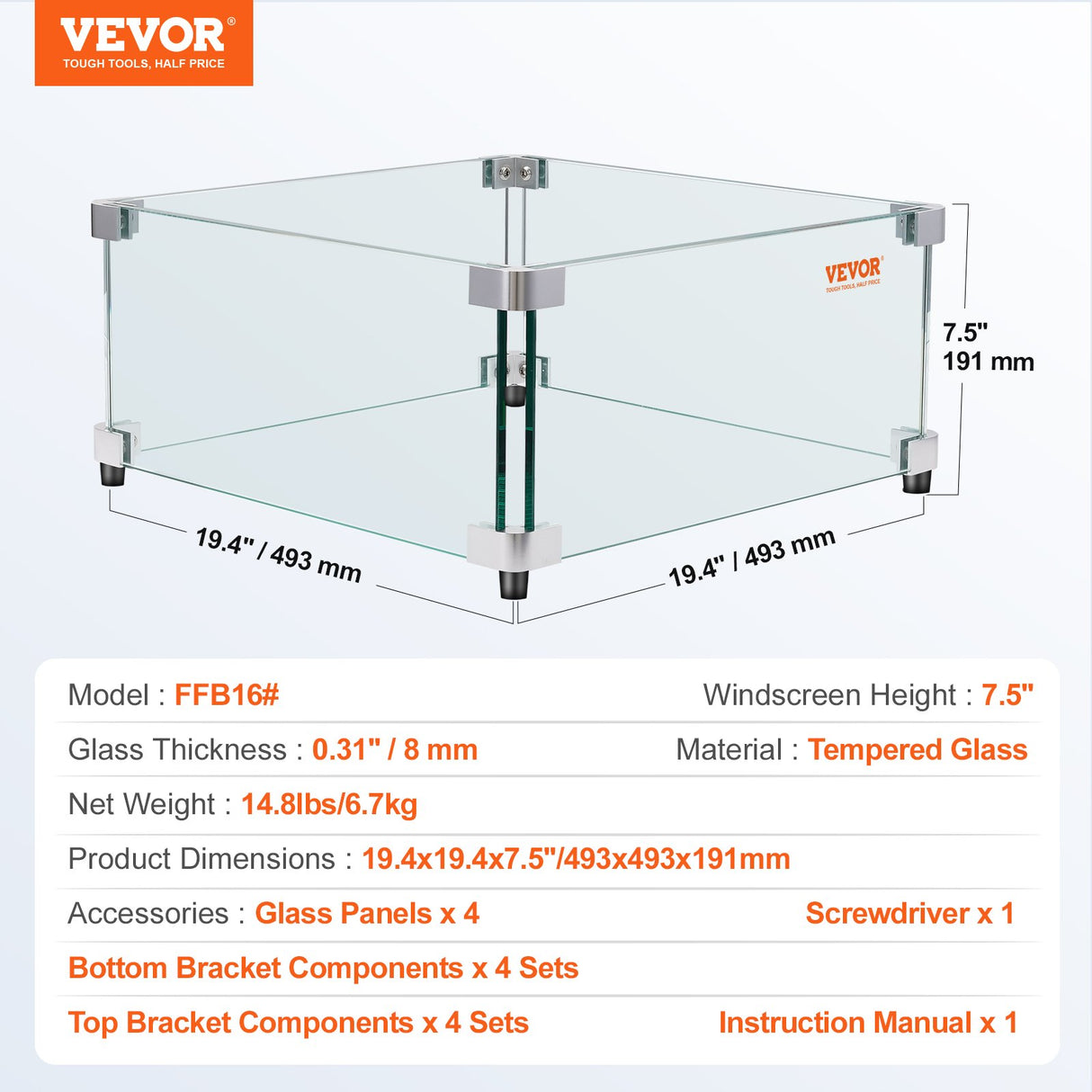 VEVOR Gas Fire Pit Wind Guard for Square Fire Table, 493 x 493 x 191 mm Clear Tempered Wind Guard for Firepits, 8mm Thick Square Glass Shield, Glass