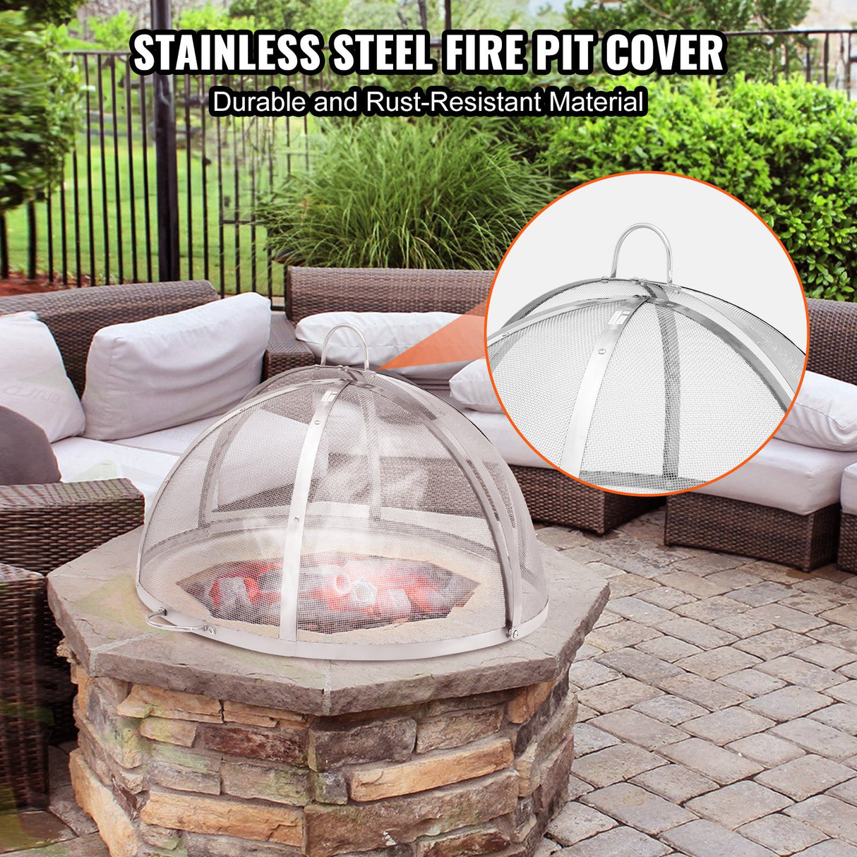 VEVOR Firepit Spark Screen Lid, 30" Diameter, Outdoor Firepit Ring Cover Round Accessories, Fire Pit Metal Cover, Easy-Opening Stainless Steel Fire