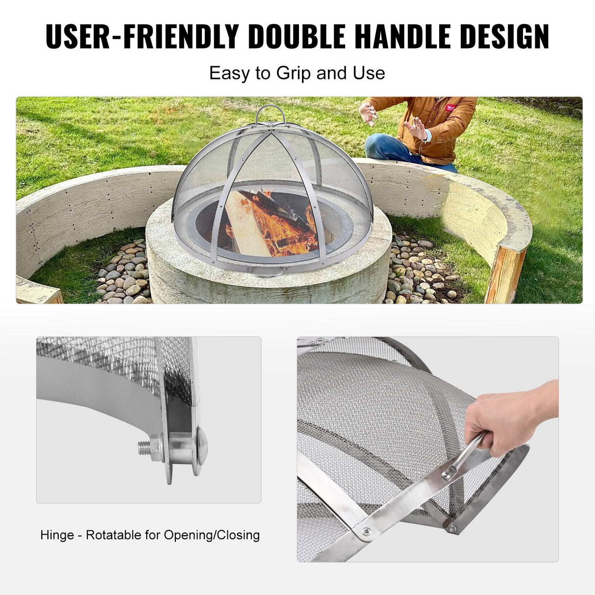 VEVOR Firepit Spark Screen Lid, 30" Diameter, Outdoor Firepit Ring Cover Round Accessories, Fire Pit Metal Cover, Easy-Opening Stainless Steel Fire