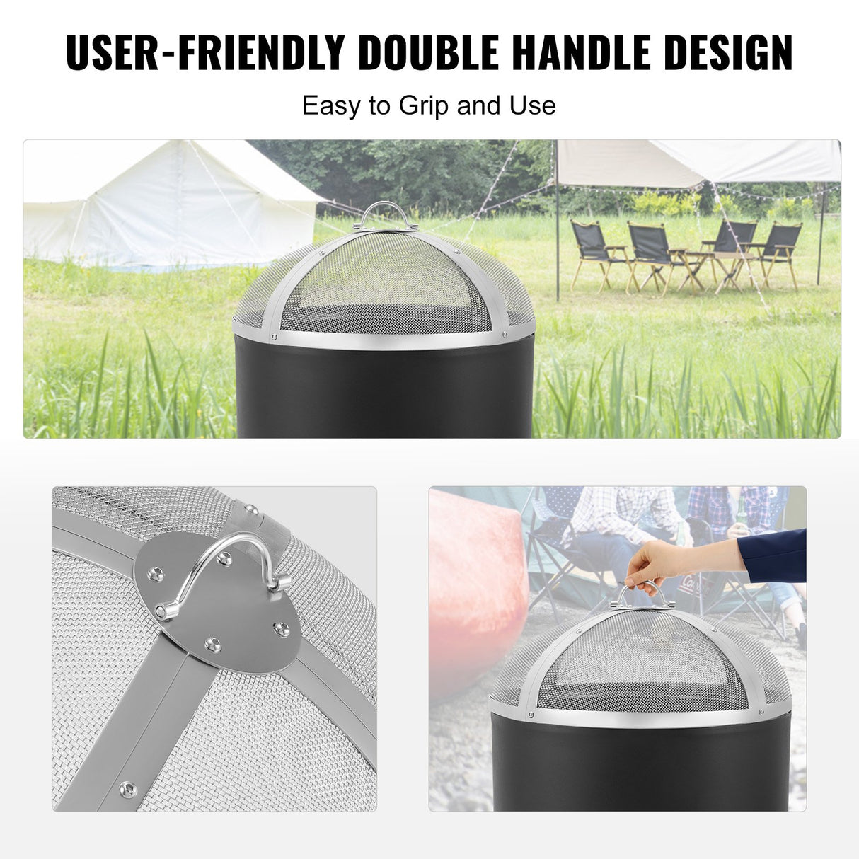 VEVOR Fire Pit Spark Screen Round 27", Reinforced Heavy Duty Steel Metal Cover, Outdoor Firepit Lid, Easy-Opening Top Screen Covers Round with Ring