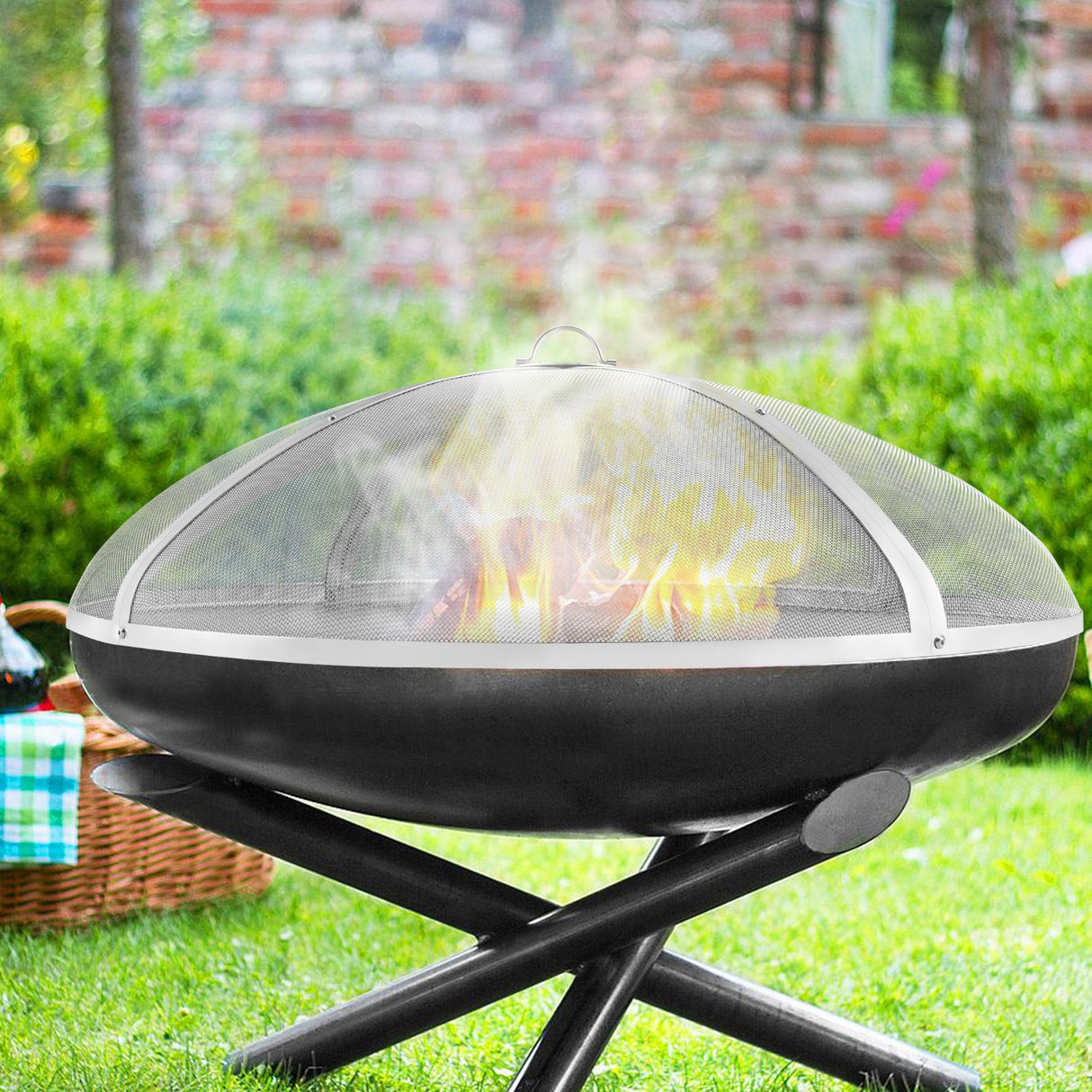 VEVOR Fire Pit Spark Screen Round 36", Reinforced Heavy Duty Steel Metal Cover, Outdoor Firepit Lid, Easy-Opening Top Screen Covers Round with Ring