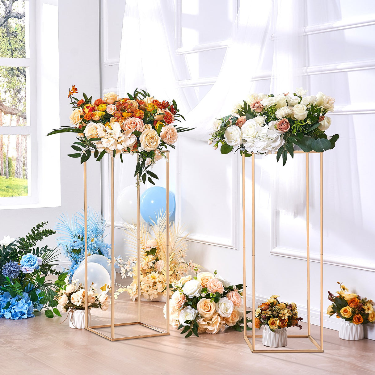 VEVOR 10PCS 31.5inch/80cm High Wedding Flower Stand, With Acrylic Laminate,Metal Vase Column Geometric Centerpiece Stands, Gold Rectangular Floral