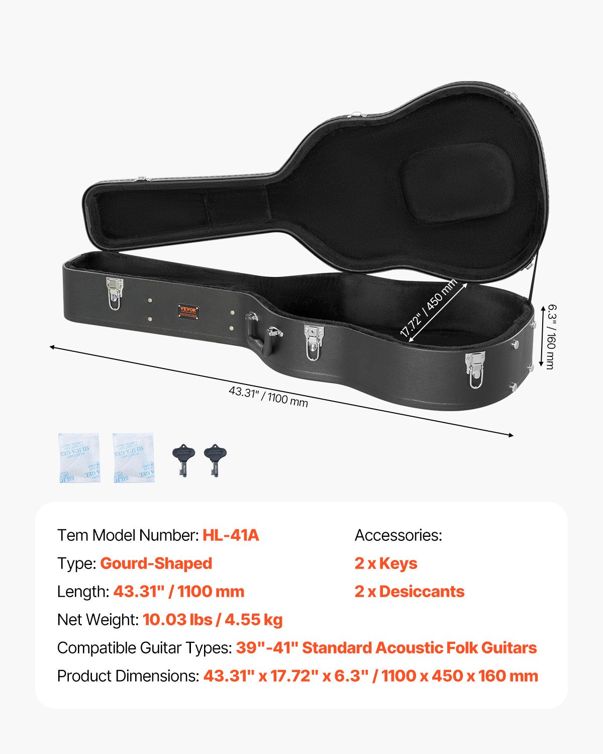 VEVOR Acoustic?Guitar Hard Case 1100 mm With Lock?Key?And for Acoustic Guitar