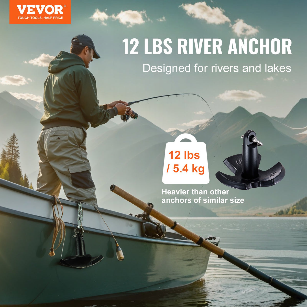 River Anchor, 12 LBS Boat Anchor Cast Iron Black Vinyl-Coated with Shackle, Marine Grade Mushroom Anchor for Boats Up To 10 ft, Impressive Holding Power in River and Mud Bottom Lakes