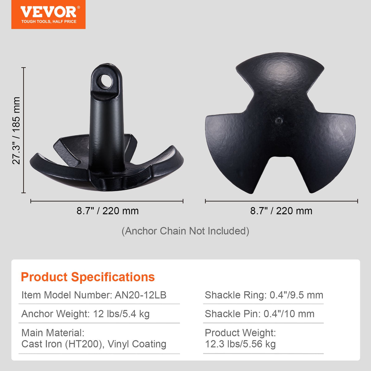 River Anchor, 12 LBS Boat Anchor Cast Iron Black Vinyl-Coated with Shackle, Marine Grade Mushroom Anchor for Boats Up To 10 ft, Impressive Holding Power in River and Mud Bottom Lakes