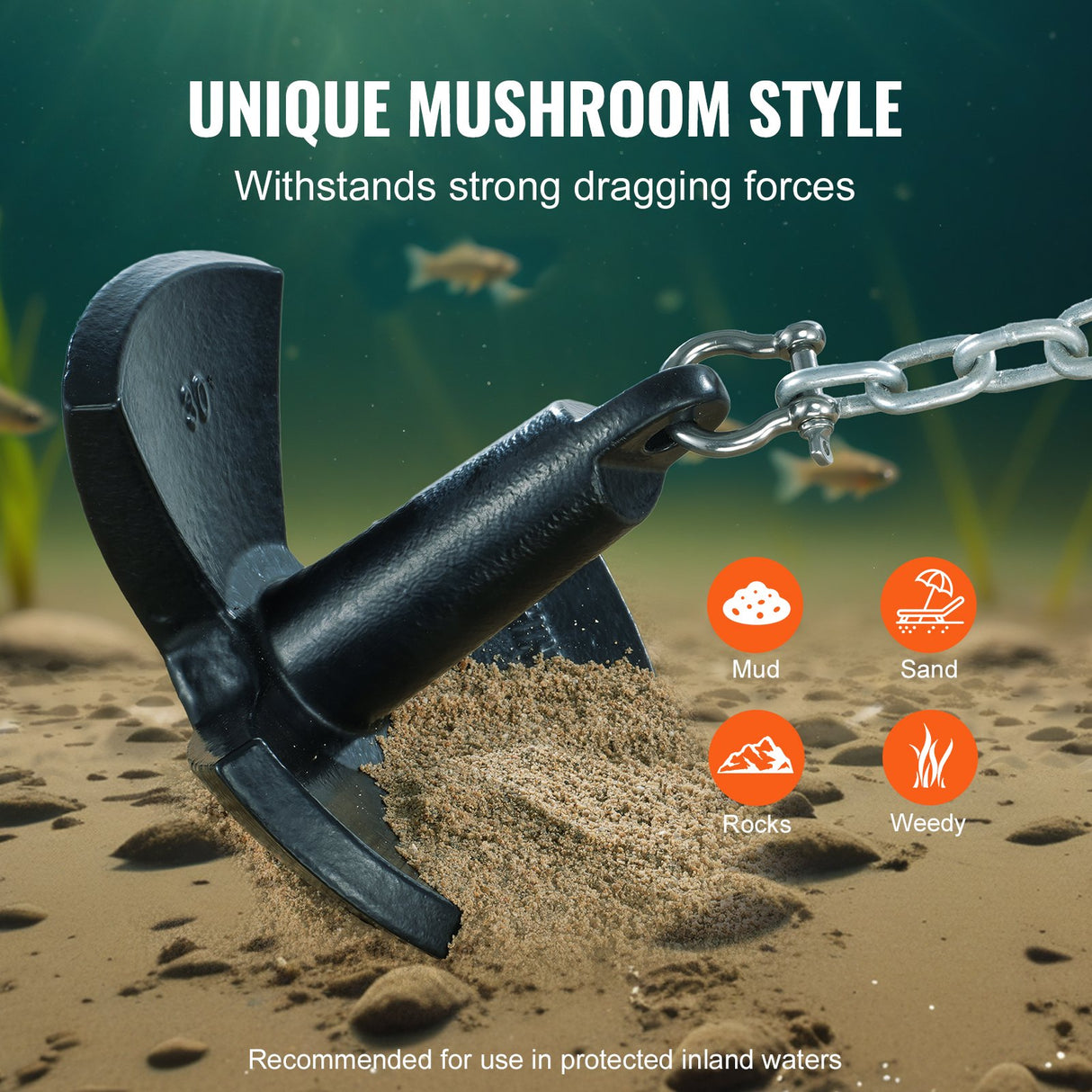 VEVOR River Anchor 30LB Boat Anchor Cast Iron Black Vinyl-Coated Mushroom Anchor