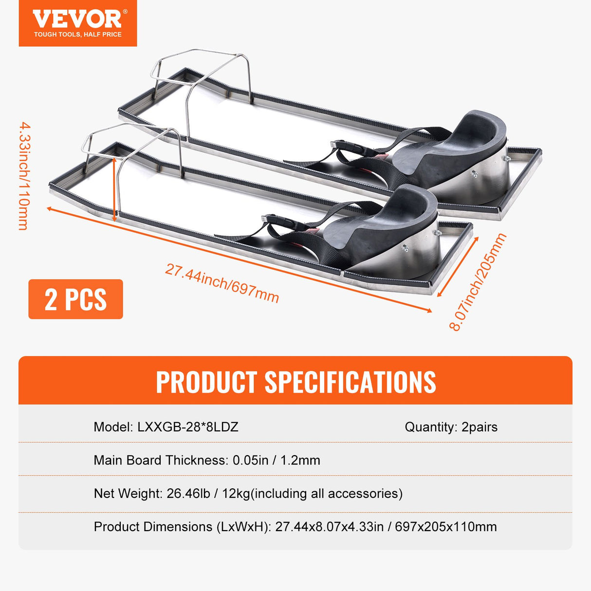 VEVOR Concrete Knee Boards Knee Sliders 28" x 8" 2 Pair w/ Knee Pad for Concrete