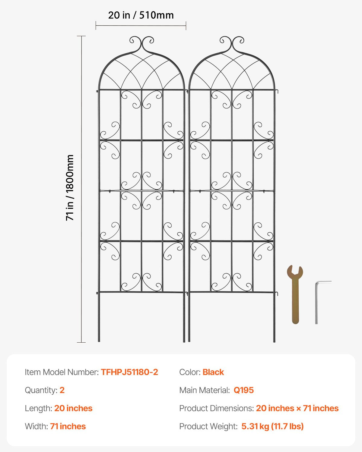 VEVOR 2 Packs Metal Garden Trellis for Climbing Plant Support 71x20 in Rustproof