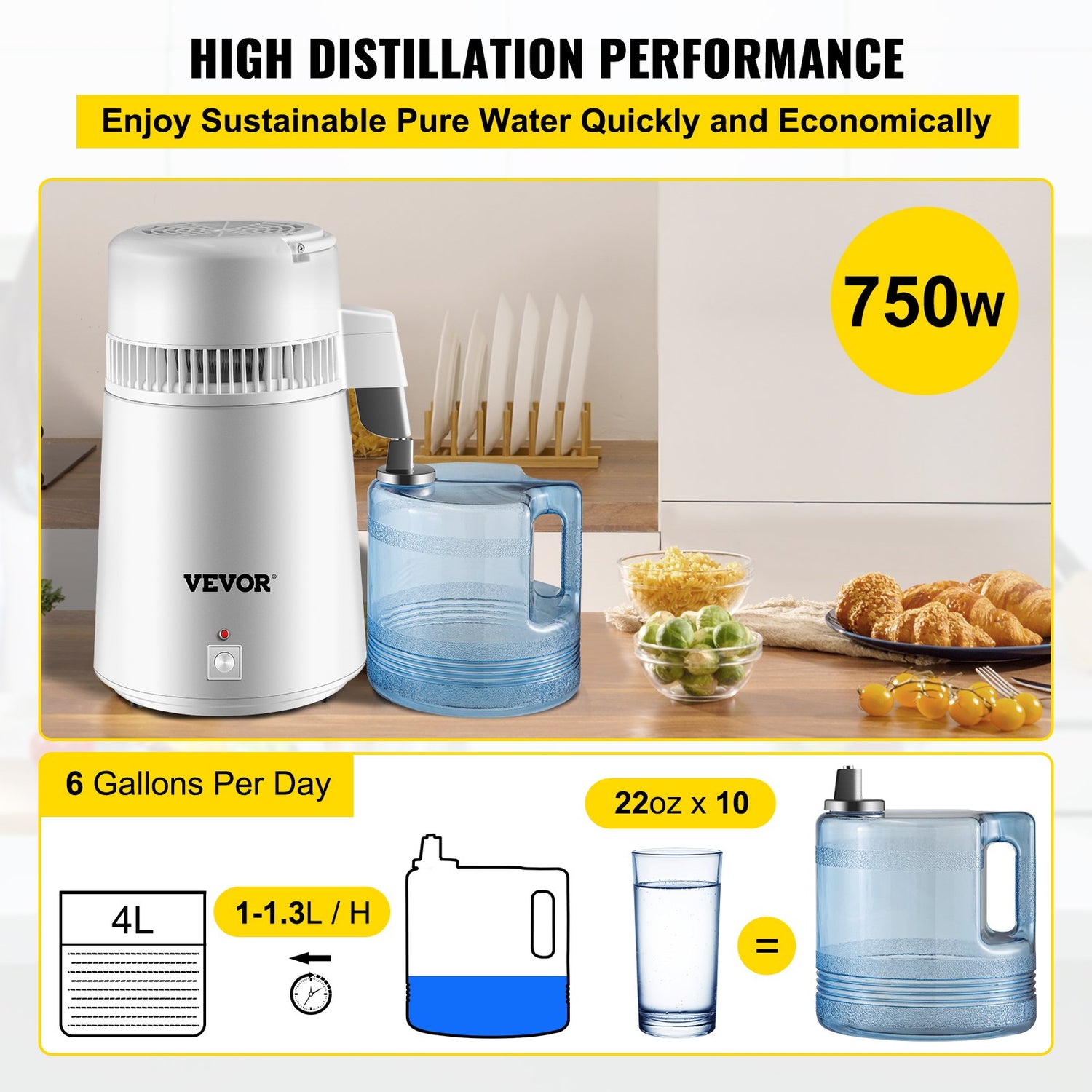 VEVOR Water Distiller Purifier Pure Water Distiller Filters Water Distillation 4L Internal Stainless Steel with Collection Bottle