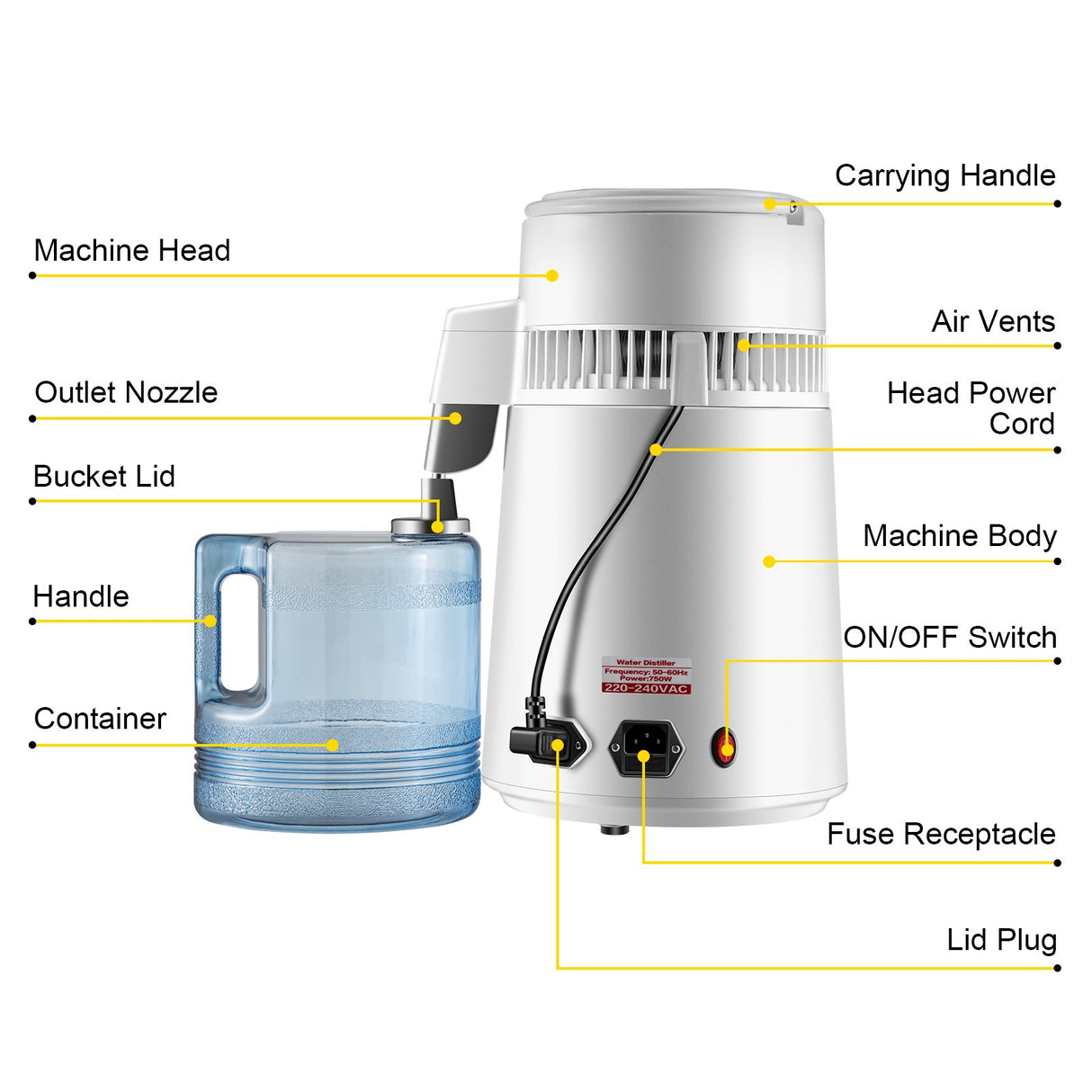 VEVOR Water Distiller Purifier Pure Water Distiller Filters Water Distillation 4L Internal Stainless Steel with Collection Bottle