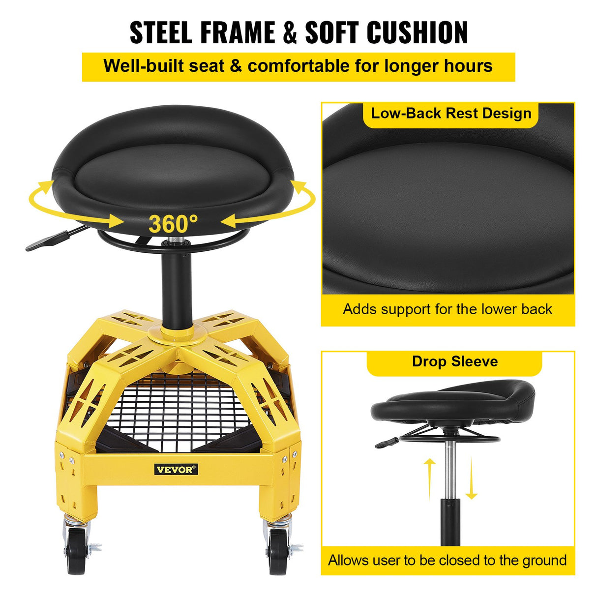 VEVOR Rolling Garage Stool, 300LBS Capacity, Adjustable Height from 24 in to 28.7 in, Mechanic Seat with 360-degree Swivel Wheels and Tool Tray, for