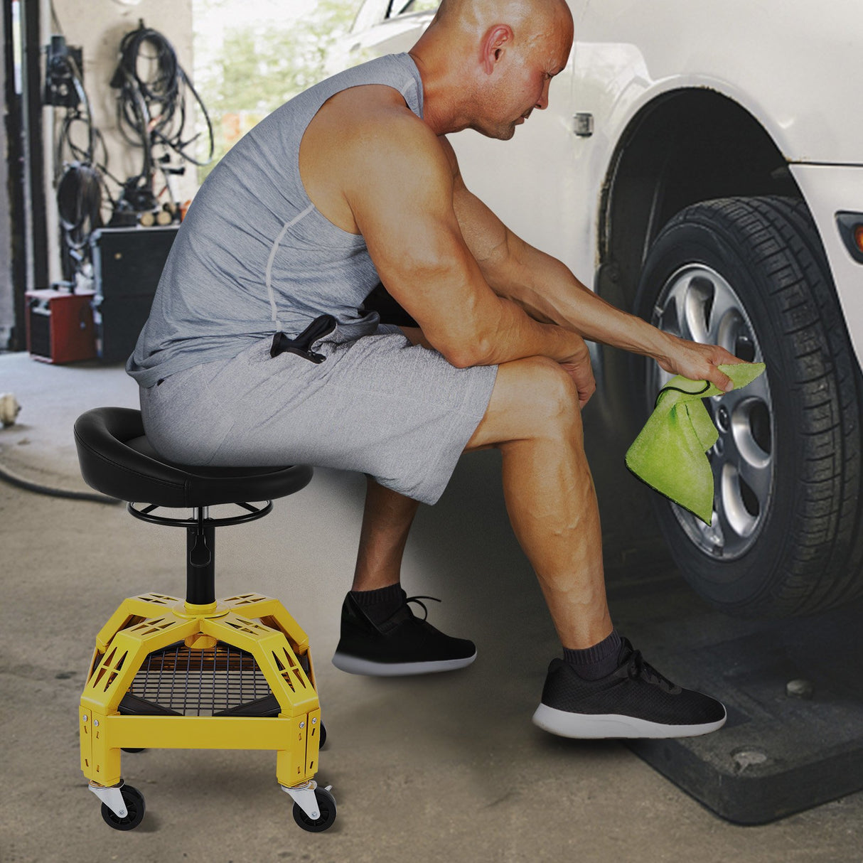 VEVOR Rolling Garage Stool, 300LBS Capacity, Adjustable Height from 24 in to 28.7 in, Mechanic Seat with 360-degree Swivel Wheels and Tool Tray, for