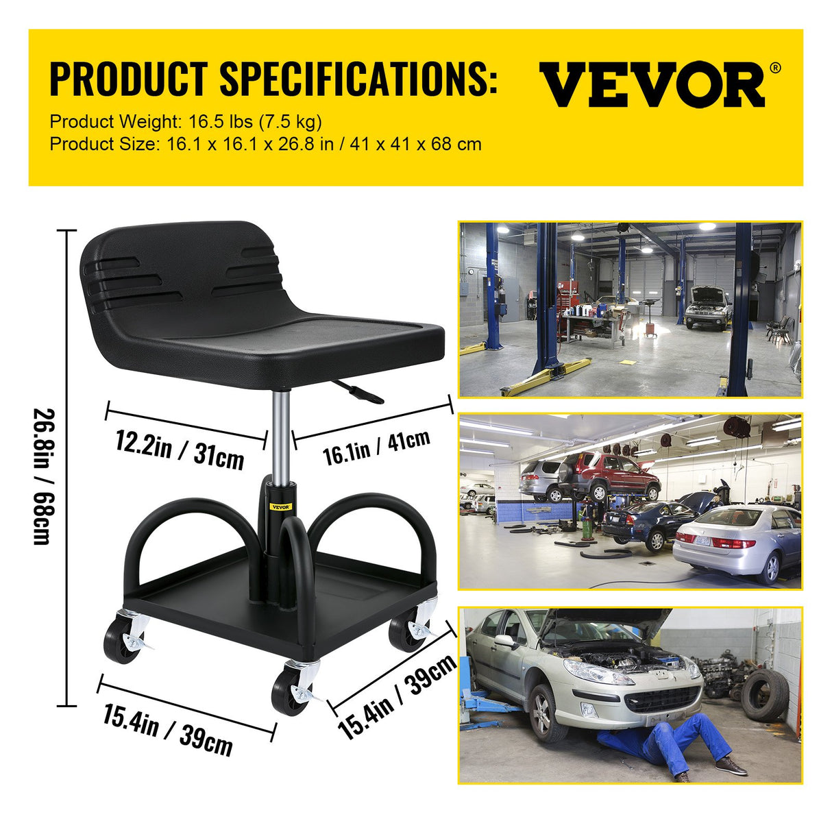 Rolling Garage Stool 300LBS Adjustable Mechanic Work Shop Seat w/Casters