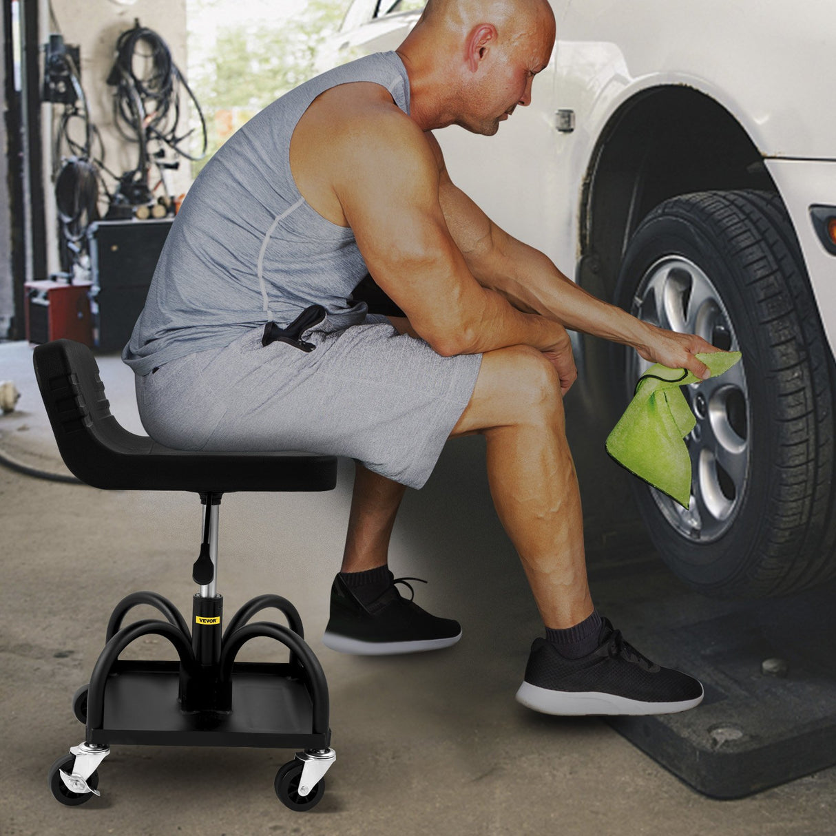 Rolling Garage Stool 300LBS Adjustable Mechanic Work Shop Seat w/Casters