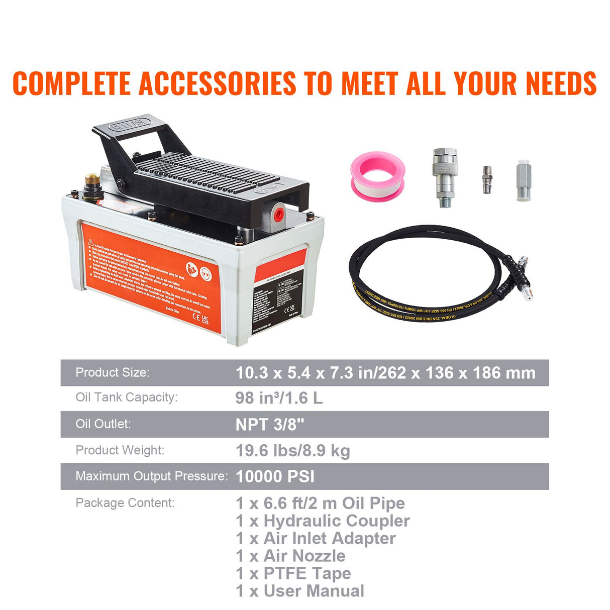 Air Hydraulic Pump, 10,000 PSI 1/2 Gal Reservoir, NPT 3/8" Oil Outlet, NPT 1/4" Inlet, 6.6 ft Pipe, Foot Actuated Hydraulic Pump Air Treadle for Auto Body Frame Machines and Pulling Post, Gray