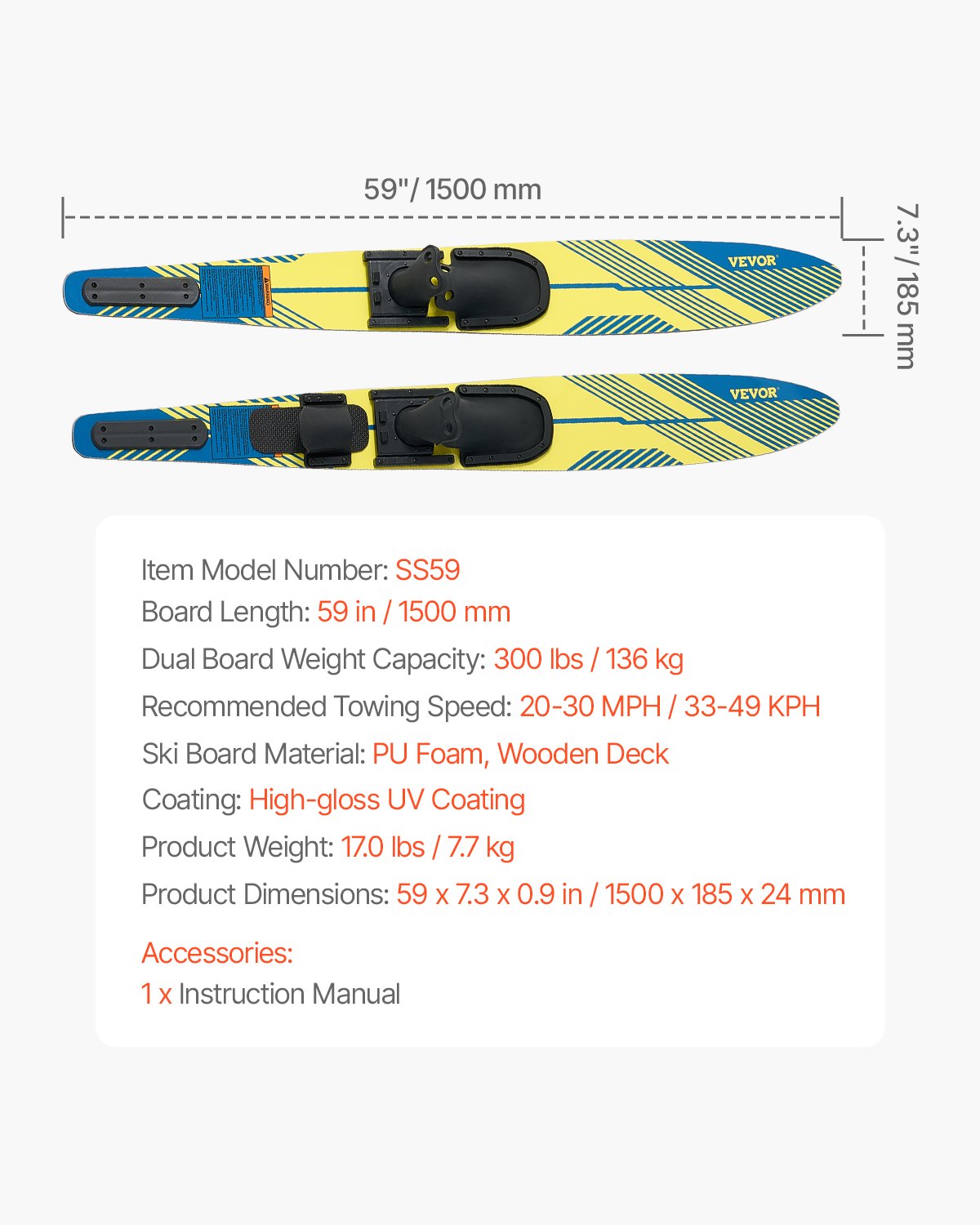 VEVOR 150 cm Water Skis Combo Adults Water Skis with X-7 Adjustable Bindings
