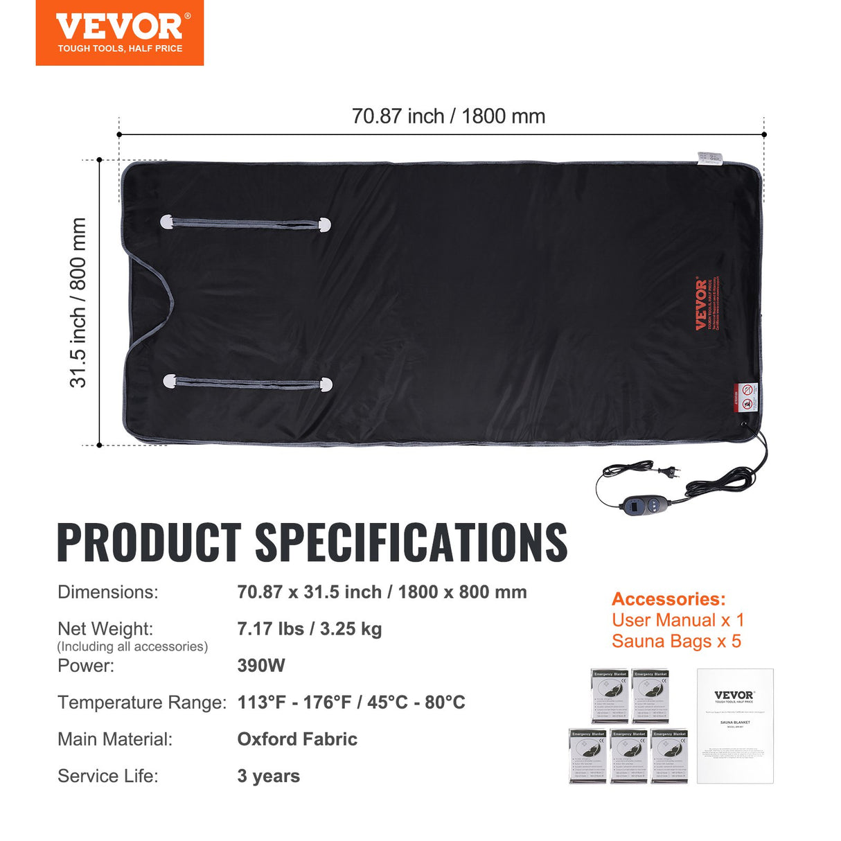 Sauna Blanket for Detoxification, Portable Far Infrared Sauna for Home, Oxford Sauna Bag w/ Arm Holes & Carbon Fiber Heating, 1-6 Level Adjustable Temp, 5-60 Minutes Timer, 1800x800mm