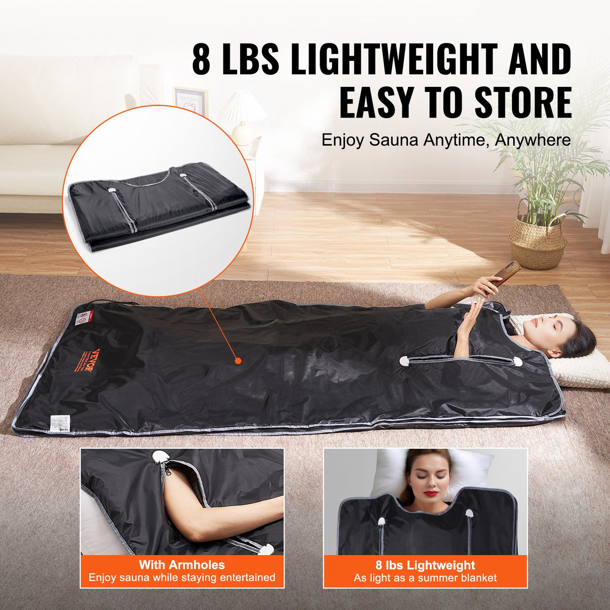 VEVOR Sauna Blanket for Detoxification, Portable Far Infrared Sauna for Home, Oxford Sauna Bag w/ Arm Holes & Carbon Fiber Heating, 1-6 Level