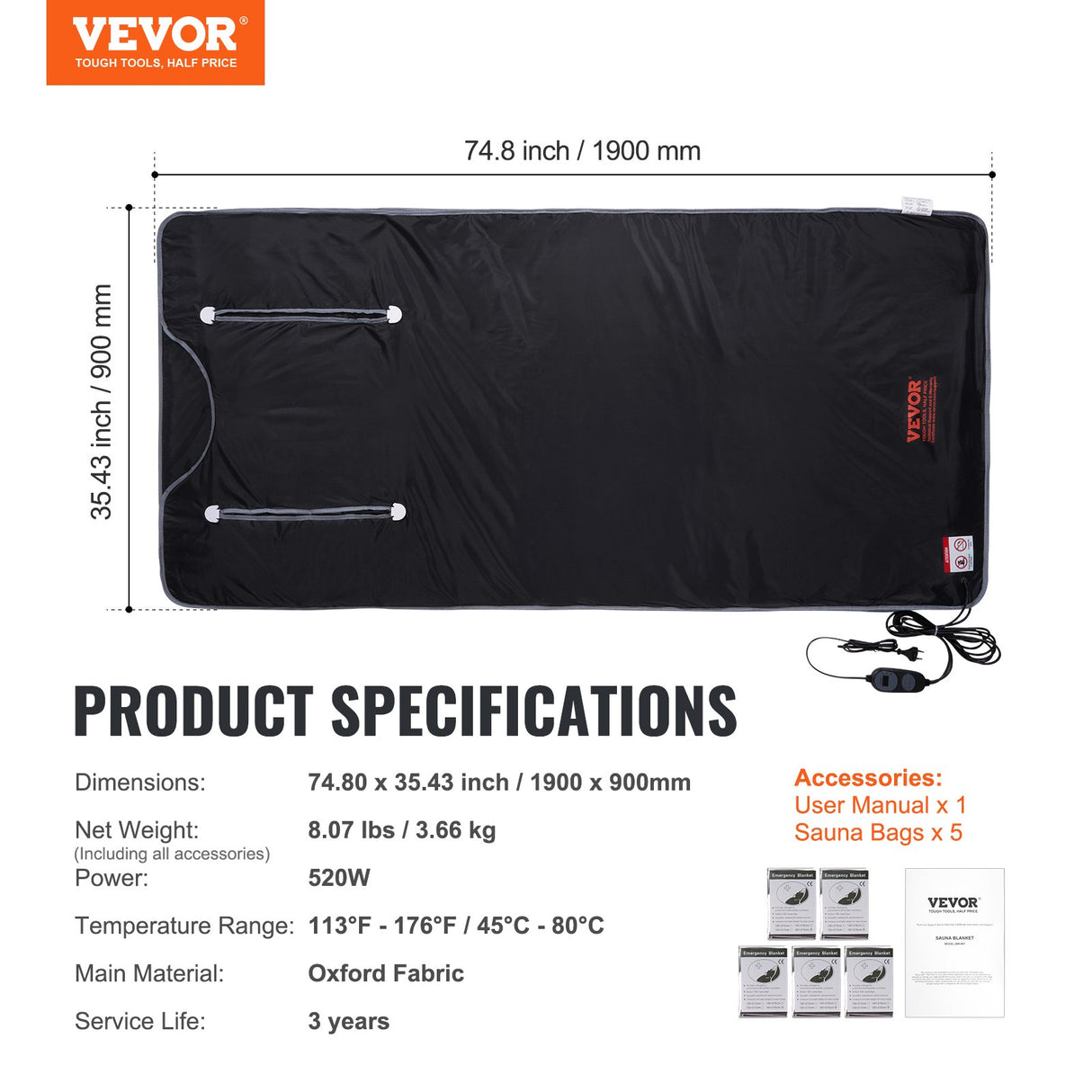 VEVOR Sauna Blanket for Detoxification, Portable Far Infrared Sauna for Home, Oxford Sauna Bag w/ Arm Holes & Carbon Fiber Heating, 1-6 Level