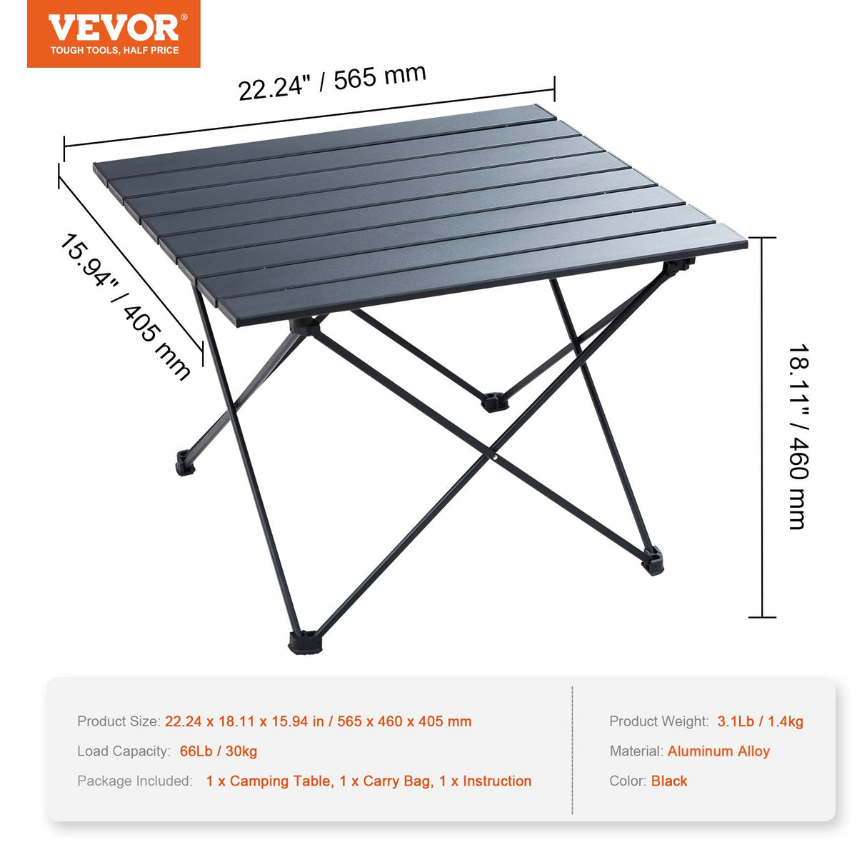 Folding Camping Table, Outdoor Portable Side Tables, Lightweight Fold Up Table, Aluminum Alloy Ultra Compact Work Table with Carry Bag, For Cooking, Beach, Picnic, Travel, 22.2x15.9 inch, Black