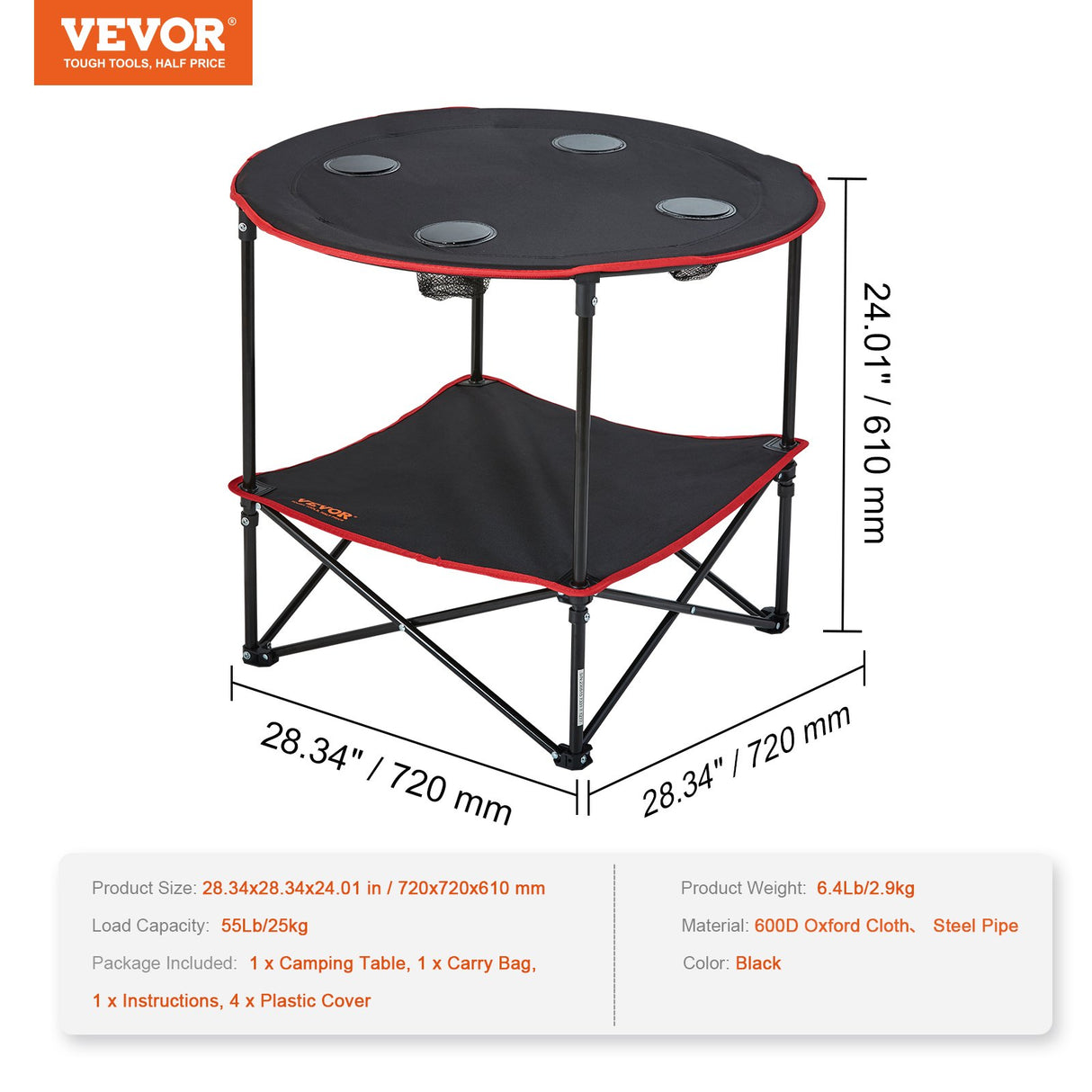 VEVOR Folding Camping Table, Outdoor Portable Side Tables, Lightweight Fold Up Table, 600D Oxford Fabric & Steel Ultra Compact Work Table with Large