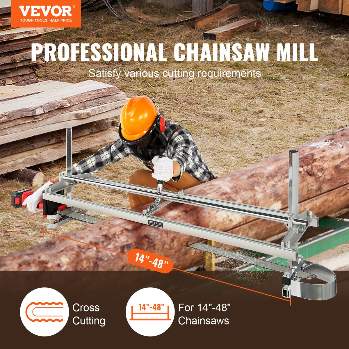 VEVOR Chainsaw Mill, Portable Sawmill 14"-48" Guide Bar, Galvanized Steel Chainsaw Planking Mill with 0.2"-11.81" Cutting Thickness, Wood Lumber Cross