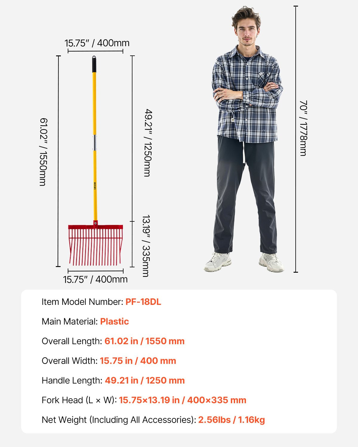 VEVOR Horse Manure Fork Garden Tool 18 Tine Plastic Pitchfork Muck Rake for Hay