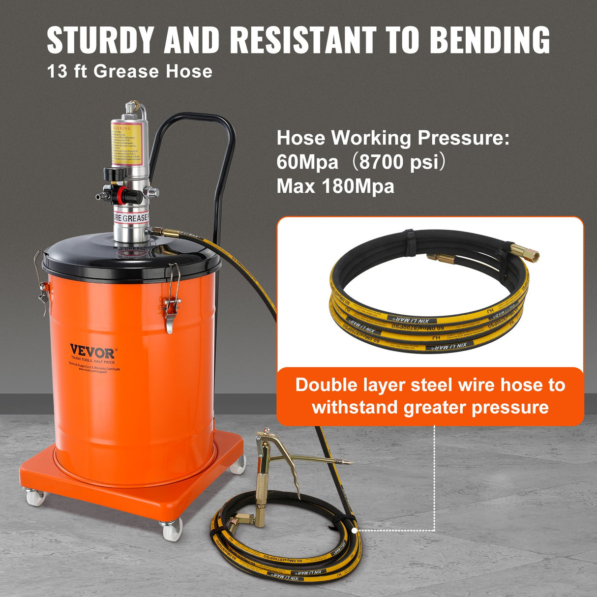 Grease Pump, 40L Capacity, Air Operated Grease Pump with 3.88 m High Pressure Hose and Grease Gun, Pneumatic Grease Bucket Pump with Wheels, Portable Lubrication Grease Pump 50:1 Pressure Ratio