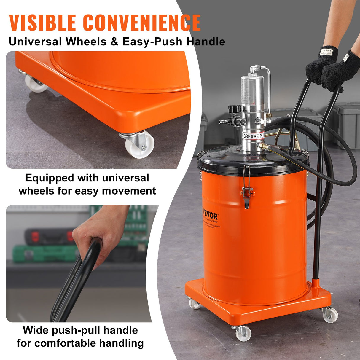 VEVOR Grease Pump, 40L Capacity, Air Operated Grease Pump with 3.88 m High Pressure Hose and Grease Gun, Pneumatic Grease Bucket Pump with Wheels, Portable Lubrication Grease Pump 50:1 Pressure Ratio