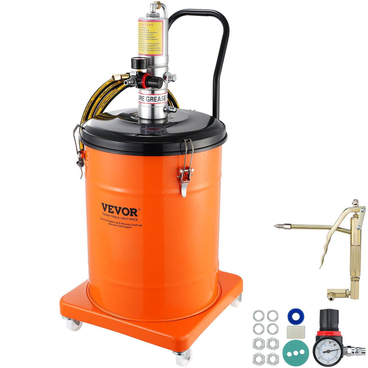 VEVOR Grease Pump, 40L Capacity, Air Operated Grease Pump with 3.88 m High Pressure Hose and Grease Gun, Pneumatic Grease Bucket Pump with Wheels, Portable Lubrication Grease Pump 50:1 Pressure Ratio