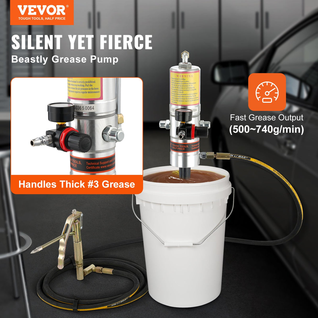 Grease Pump, 50:1 Pressure Ratio Air Operated Grease Pump with 3.88 m High Pressure Hose and Grease Gun, Pneumatic Grease Pump, Portable Lubrication Grease Pump with 360° Swivel Grease Gun Head