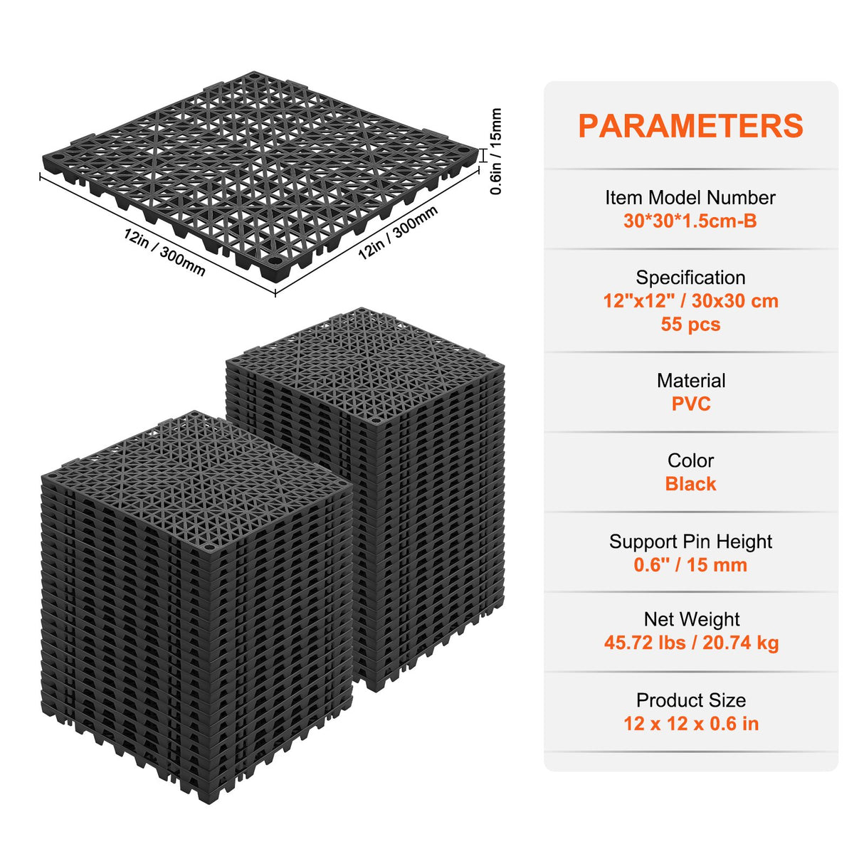 VEVOR Modular Interlocking Cushion, 55 Pack 30 x 30 cm Splicing Drainage Mats, PVC Interlocking Drainage Floor Tiles, Non-Slip Drainage Holes for Restroom, Bathroom, Kitchen, Pool, Wet Area, Black